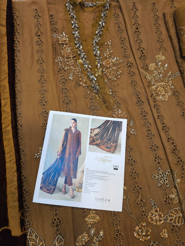 MariaB Luxury Chiffon 2026 Mustard Katha Palachi Shawl