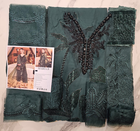 MariaB Luxury Chiffon 2026 Latest Bottle Green Velvet laser work
