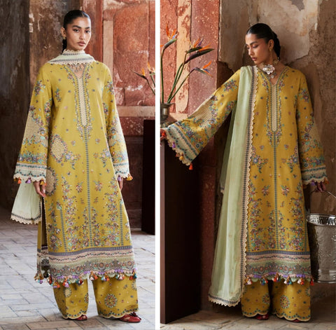 Hussain Rehar Luxury Lawn 2026 eid Ul Azha Hit Code Sari Honey Mustard Yellow