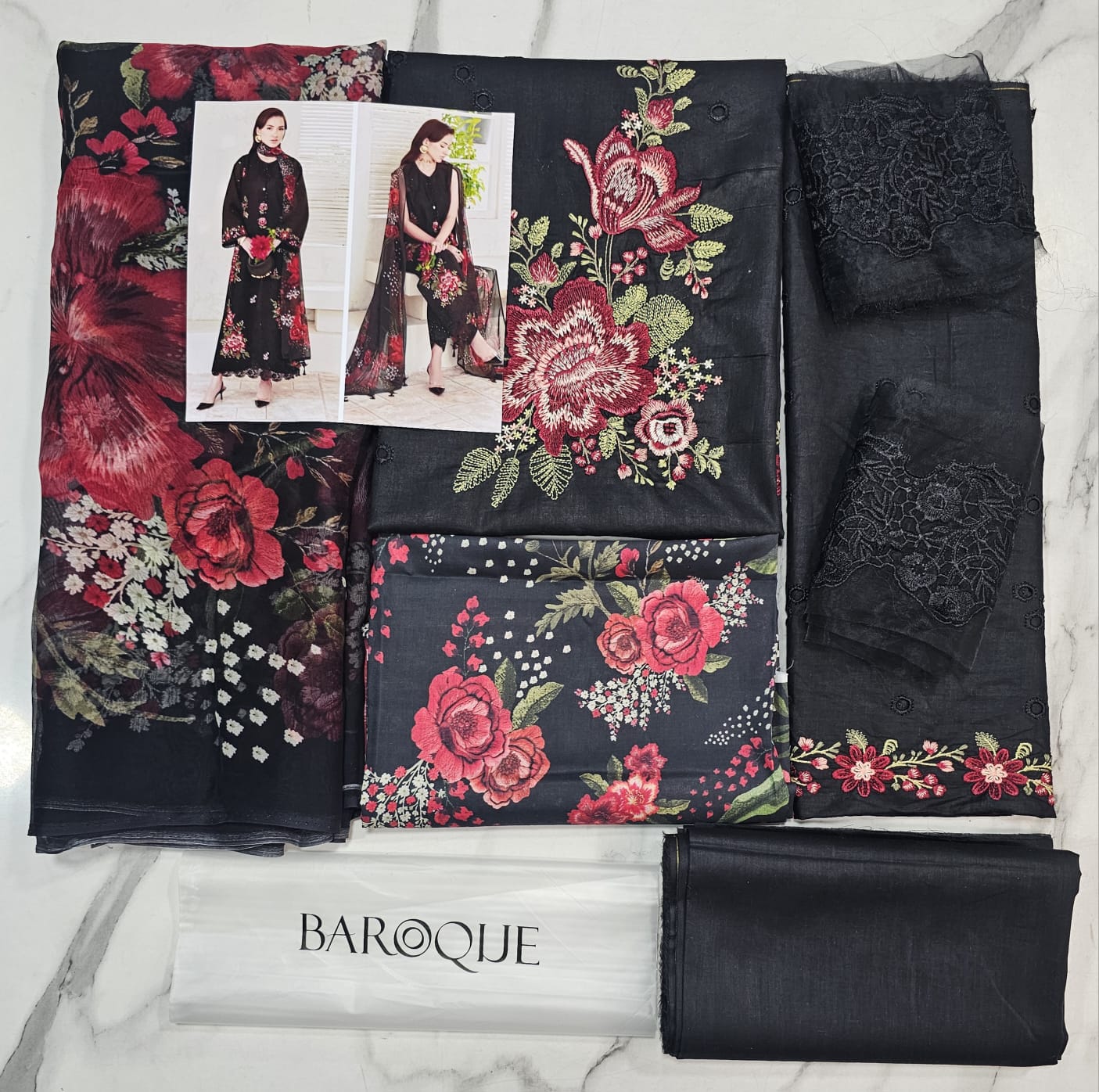 Baroque Embroidered Lawn 2026 Hit Code Black Multi Chiffon Digital Prints Dupata