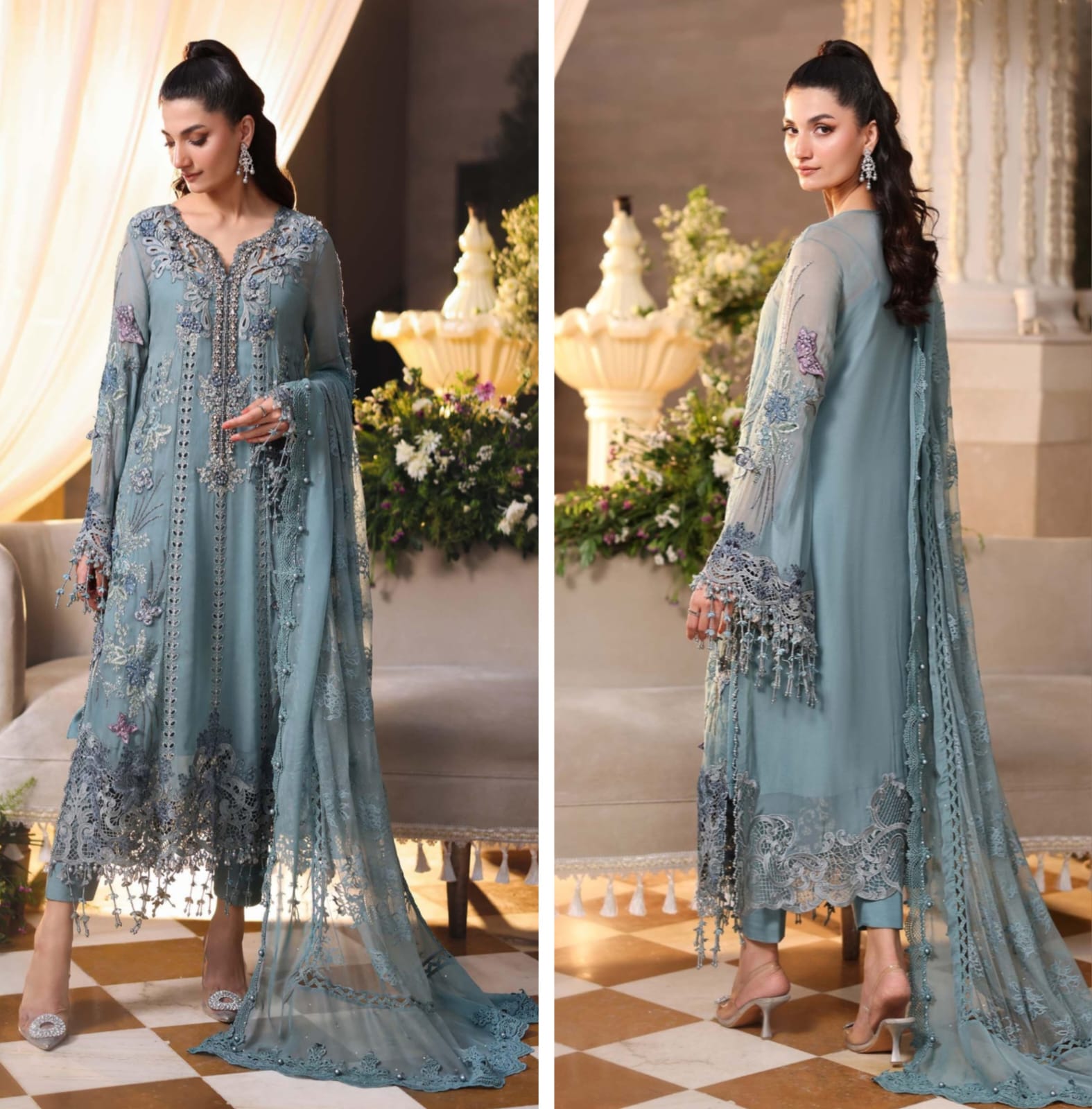 Mariab Luxury Chiffon Collection 2026 Hit Code D6 Grey Jali Net Dupata