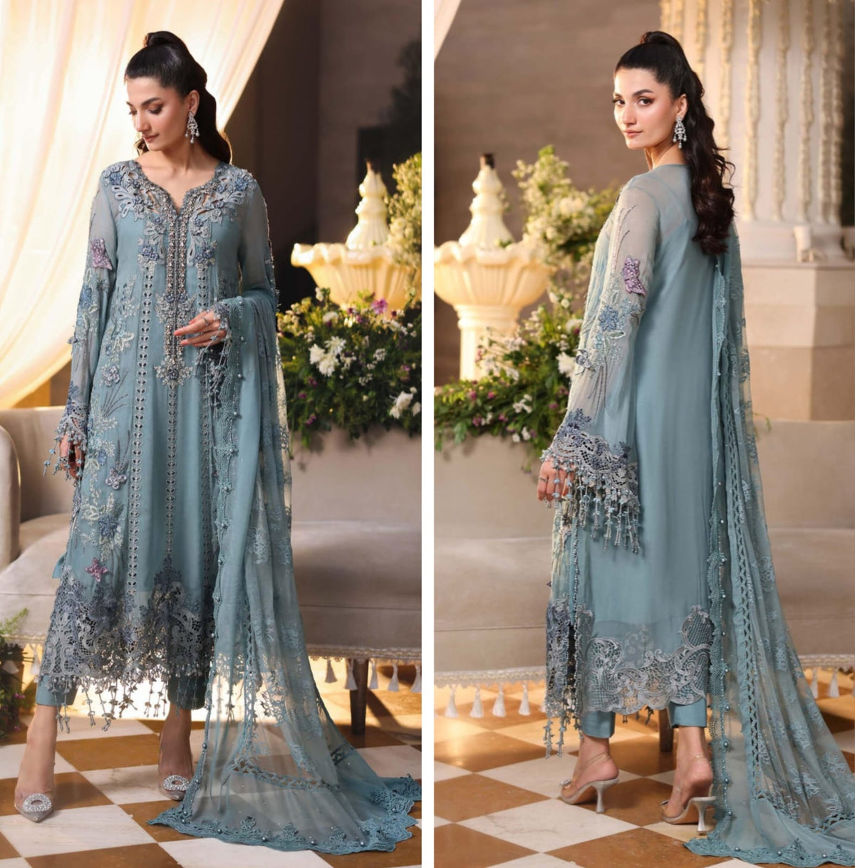 Mariab Luxury Chiffon Collection 2026 Hit Code D6 Grey Jali Net Dupata
