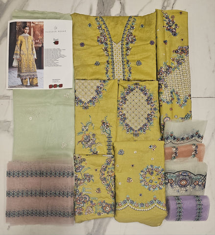 Hussain Rehar Luxury Lawn 2026 eid Ul Azha Hit Code Sari Honey Mustard Yellow