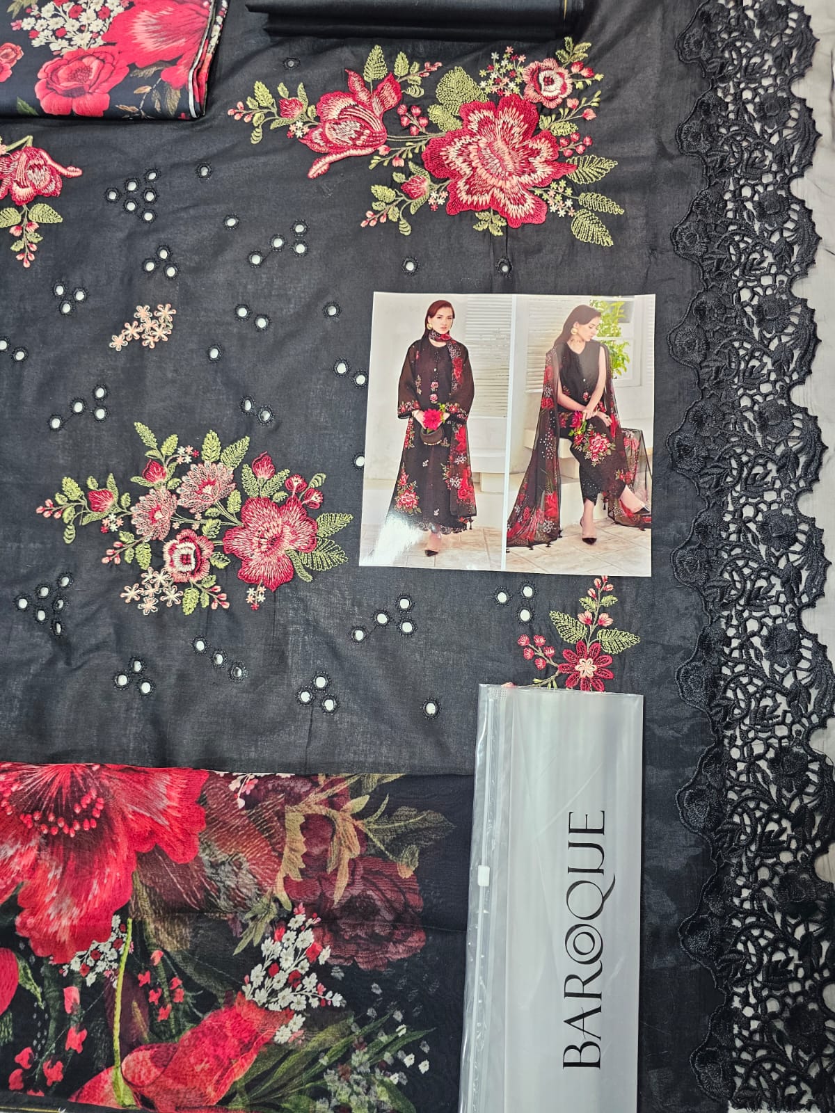 Baroque Embroidered Lawn 2026 Hit Code Black Multi Chiffon Digital Prints Dupata