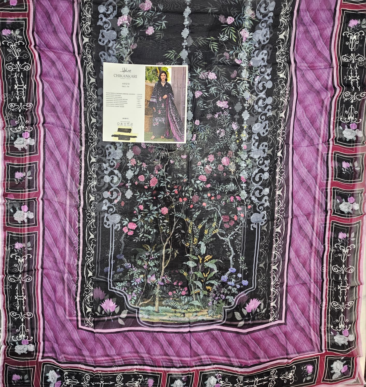 Elaf Luxury Lawn Print Chikenkari 2026 Hit Code ARZO 7A Black