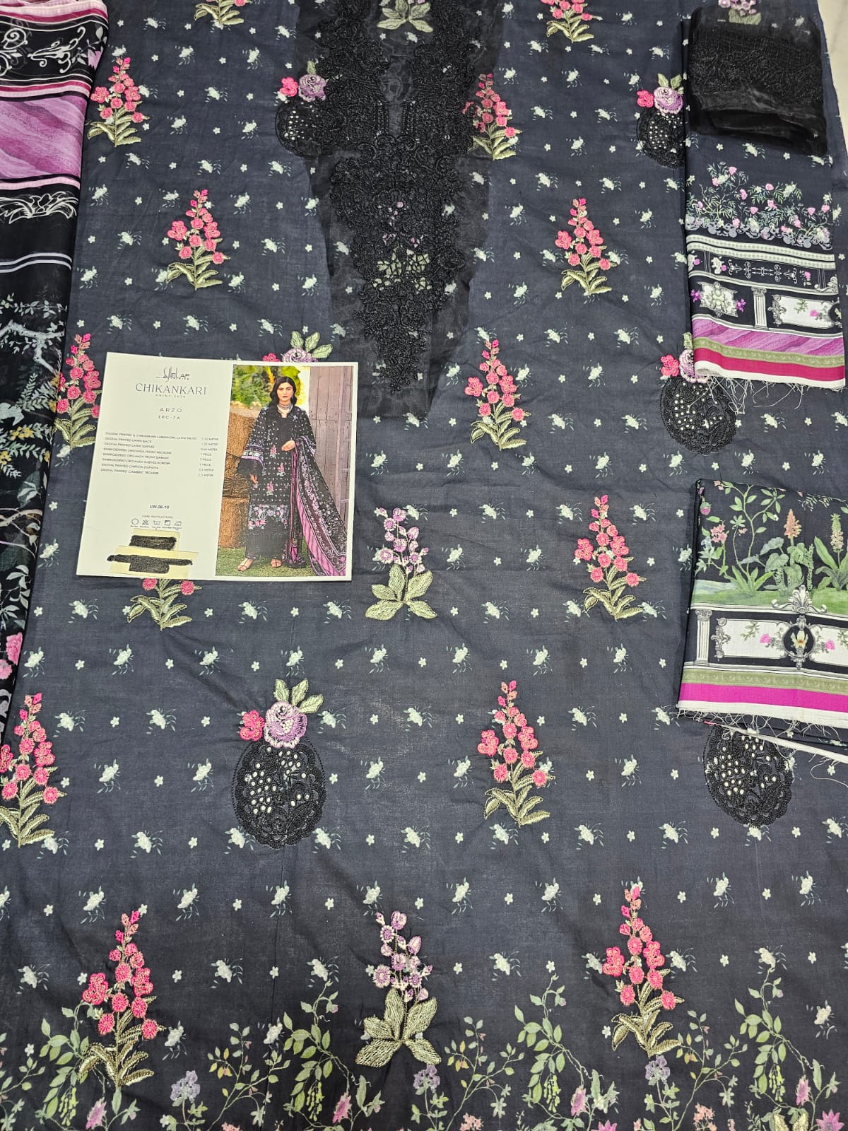 Elaf Luxury Lawn Print Chikenkari 2026 Hit Code ARZO 7A Black