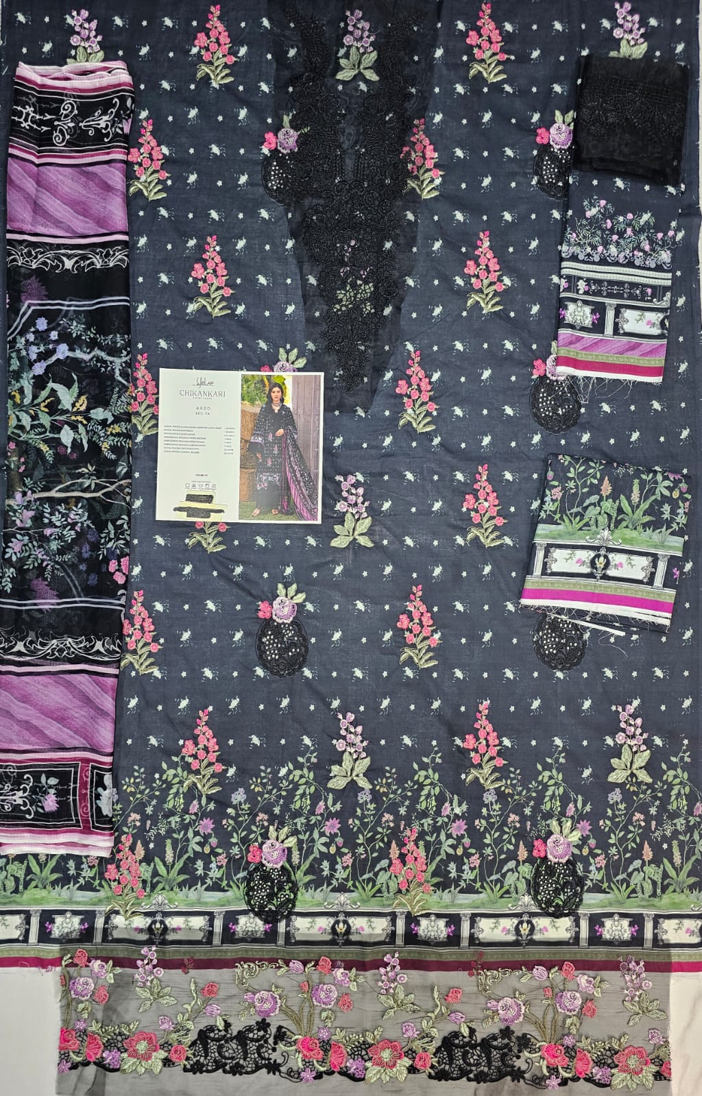 Elaf Luxury Lawn Print Chikenkari 2026 Hit Code ARZO 7A Black