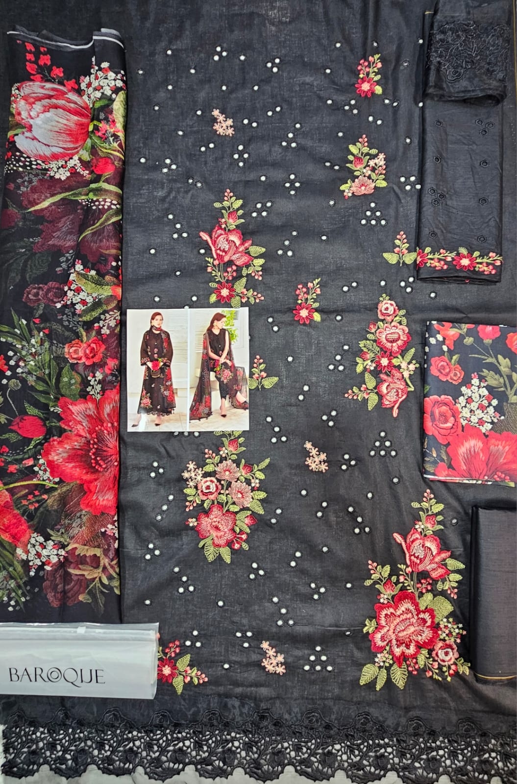 Baroque Embroidered Lawn 2026 Hit Code Black Multi Chiffon Digital Prints Dupata