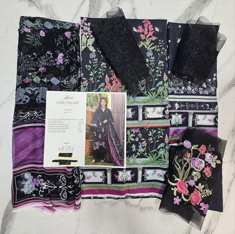 Elaf Luxury Lawn Print Chikenkari 2026 Hit Code ARZO 7A Black