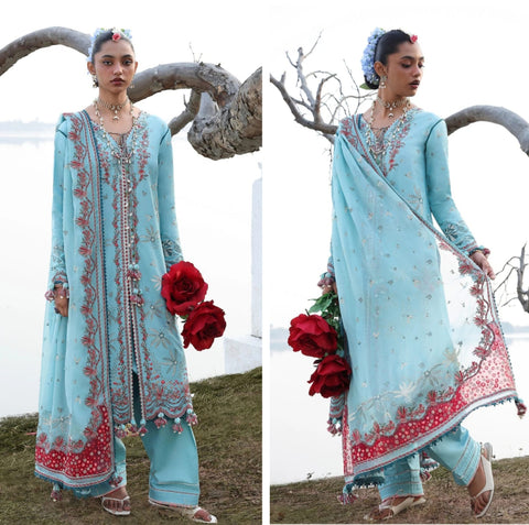 Hussain Rehar Luxury Lawn 2026 hit code Sky Aqua