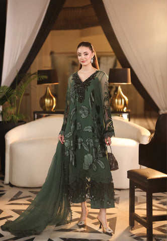 MariaB Luxury Chiffon 2026 Latest Bottle Green Velvet laser work