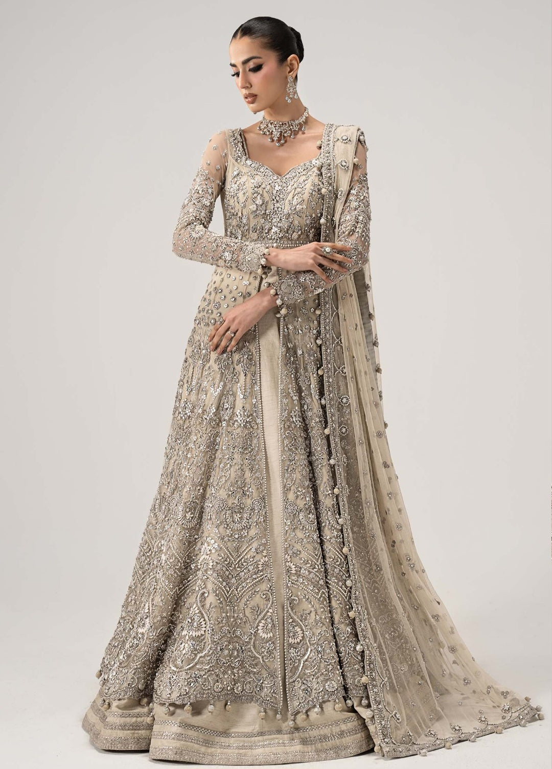 Mariab Bridal Couture Shadmani 2026 pearl White Maxi