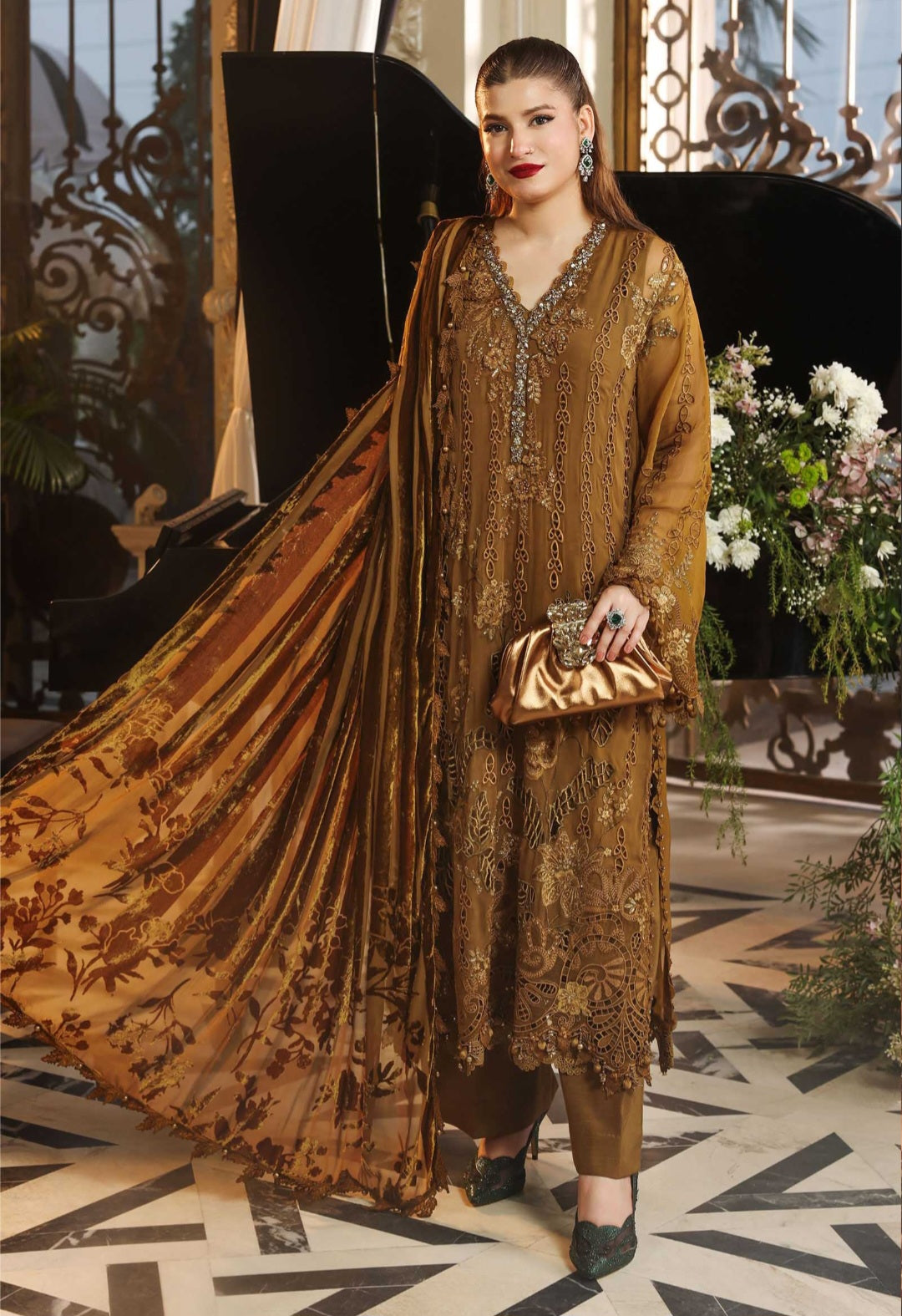 MariaB Luxury Chiffon 2026 Mustard Katha Palachi Shawl