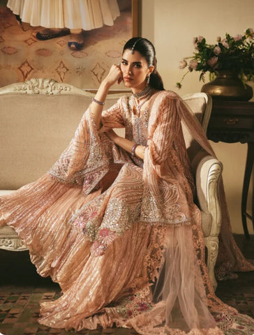 Saira Shakira Party Wear 2026 peach Long Open Shirt